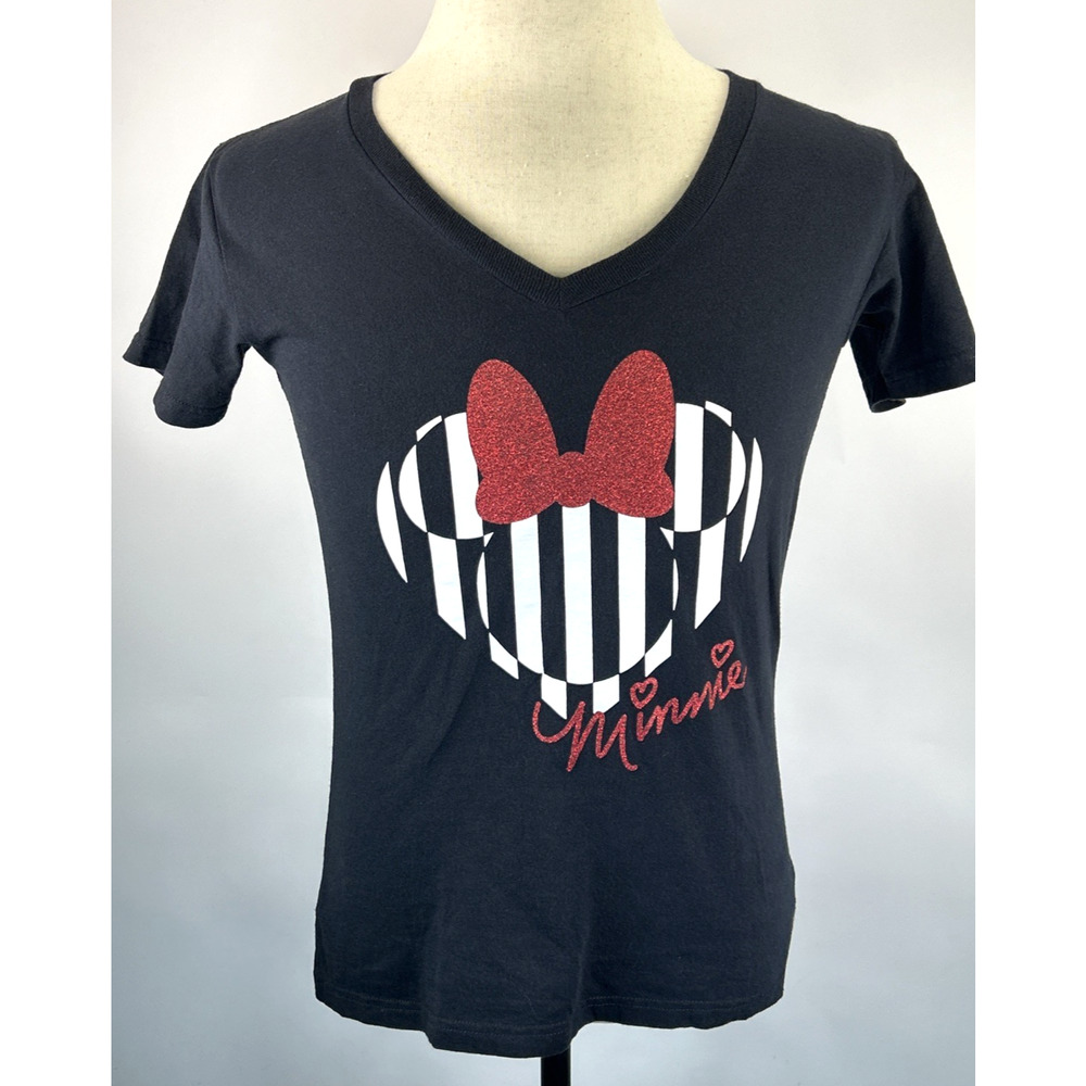 Minnie Mouse Disney Red Glitter Bow Women’s V-Neck Shirt Size SM